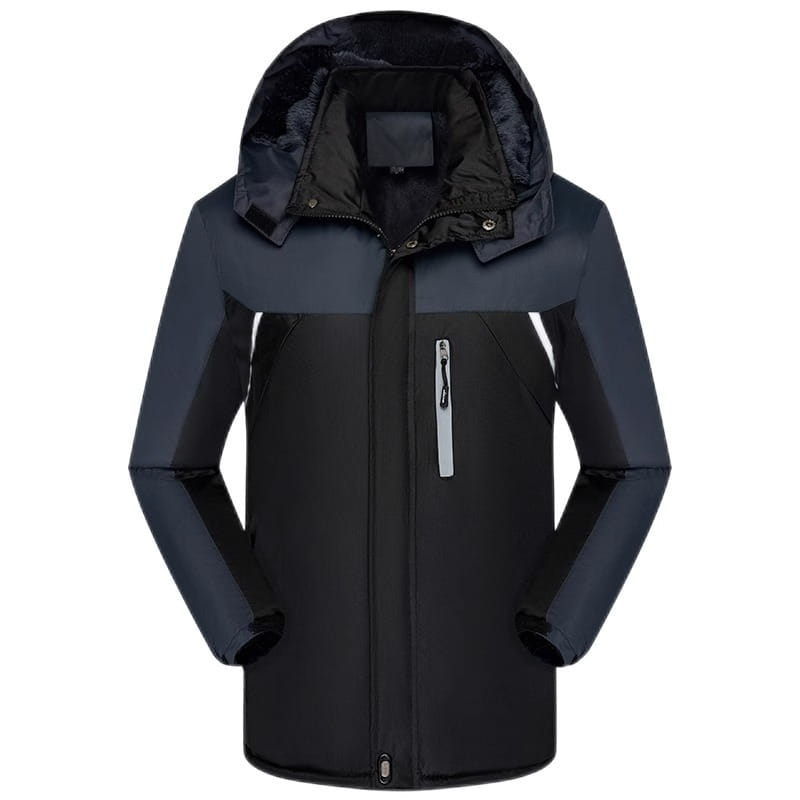 Zweifarbig gestalteter Wintermantel aus Fleecestoff in Schwarz und Dunkelgrau mit abnehmbarer Kapuze und wärmeisolierender Ausführung für kaltes Wetter.