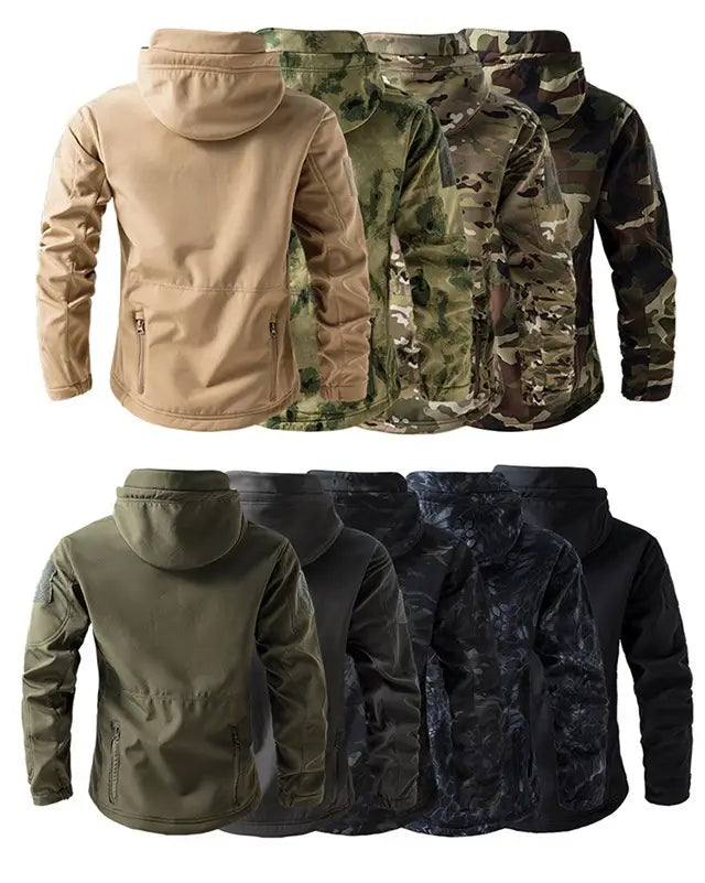 men’s waterproof tactical fleece soft shell jackets in tan olive green black and camouflage pattern featuring zippered pockets for outdoor use