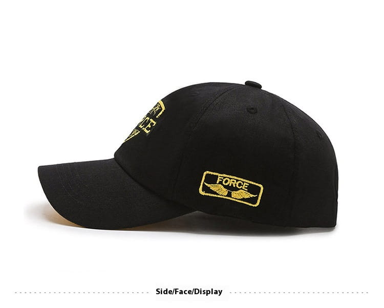 Black baseball cap featuring a gold embroidered force patch and wing designs on the side for New York Force branding.
