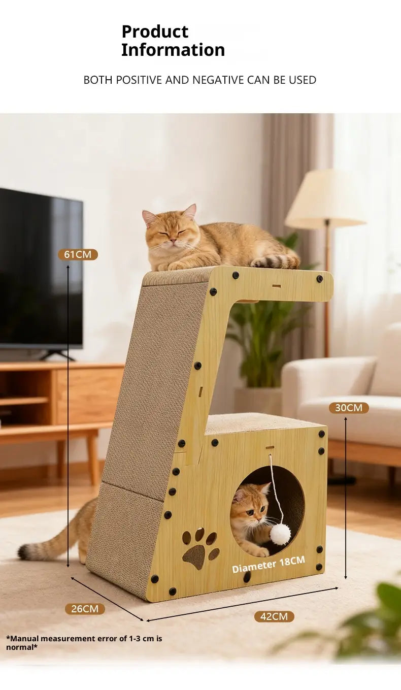 Ein hell geholztes Kratzbaumbett für Katzen mit Tunnel und Pompon umfasst eine Kratzfläche und einen geschlossenen kreisförmigen Eingang mit schwarzen Nieten und Pfotenabdruck-Aufklebern.