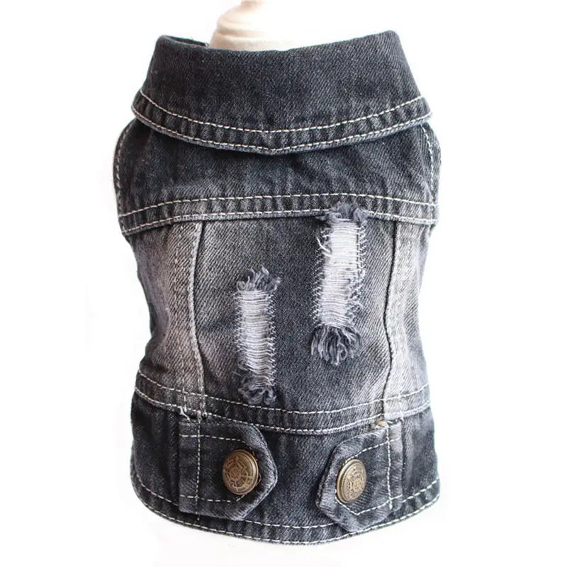 Dark gray distressed denim dog vest with frayed patches and white stitching featuring strawberry embroidery for puppies.