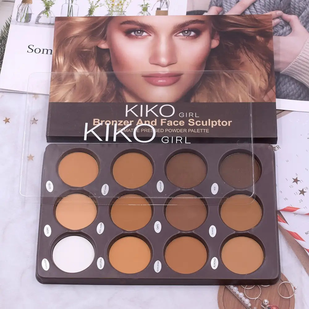 kiko 12 color contour palette matte face sculptor powder featuring twelve circular pans in varying brown shades and a white highlighter for bronzing and contouring.
