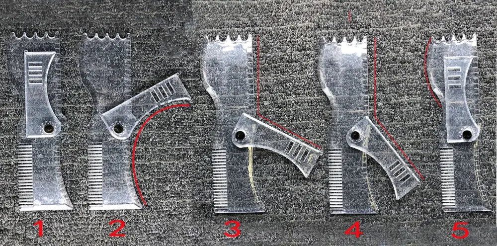 clear plastic beard shaping template comb with serrated edge and integrated handle designed for 360 degree rotation and precise grooming.