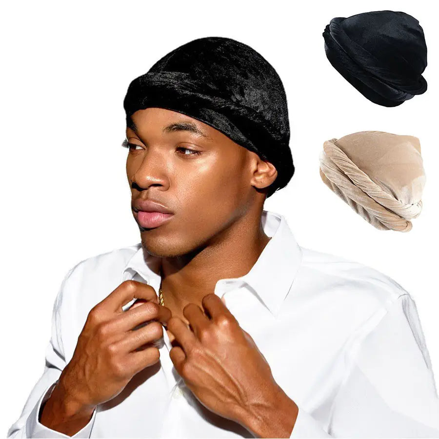 a man wearing a black velvet durag paired with a white shirt showcasing the men gold velvet turban hat style