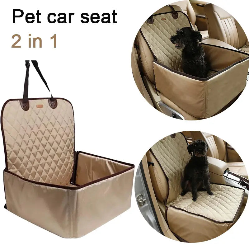 Beige quilted waterproof dog car seat bed with brown trim and carrying handles designed as a foldable 2-in-1 convertible pet carrier.