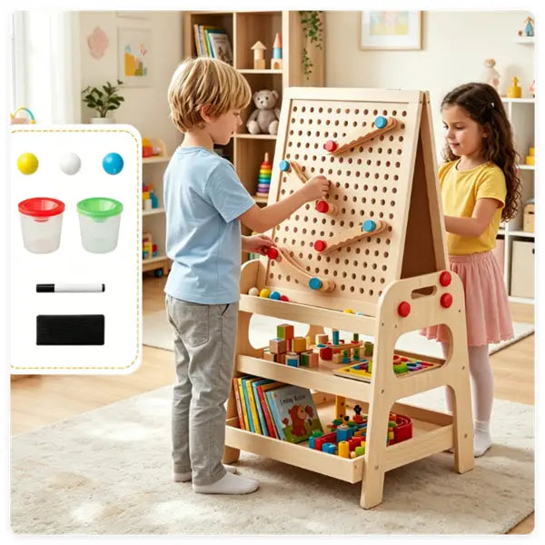 Light wood-colored wooden art easel with pegboard activity station featuring colorful balls and wooden marble run tracks with storage shelves.