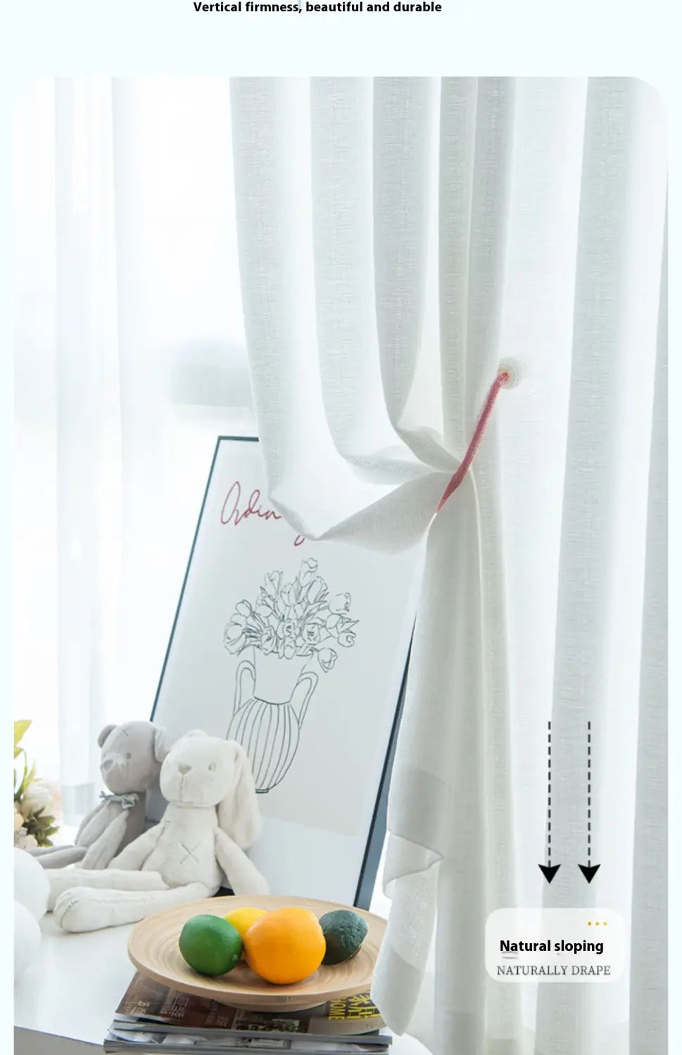 White sheer textured sunscreen linen curtain featuring a subtle vertical texture and a red tie-back for home use.