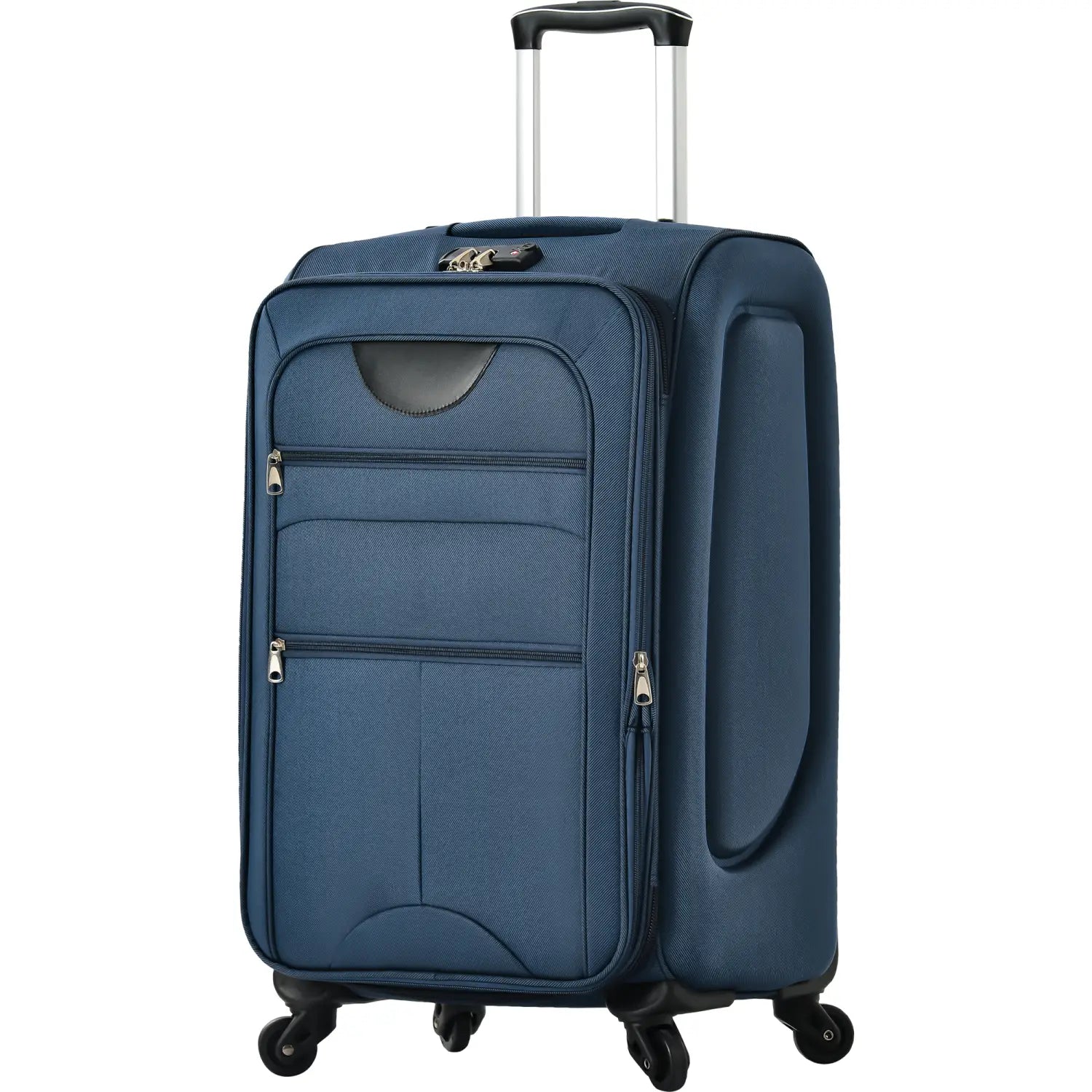 Navy blue softside expandable fabric suitcase with telescoping handle and four spinner wheels from a 3 piece spinner luggage set.