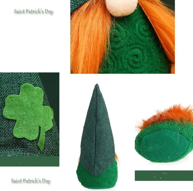 Eine grüne St.-Patrick’s-Day-Leprechaun-Gnome-Plüschpuppe mit orangefarbenem Garnhaar, einem dunkelgrünen spitzen Hut und bestickten, sich windenden Mustern auf ihrem Filzkörper.