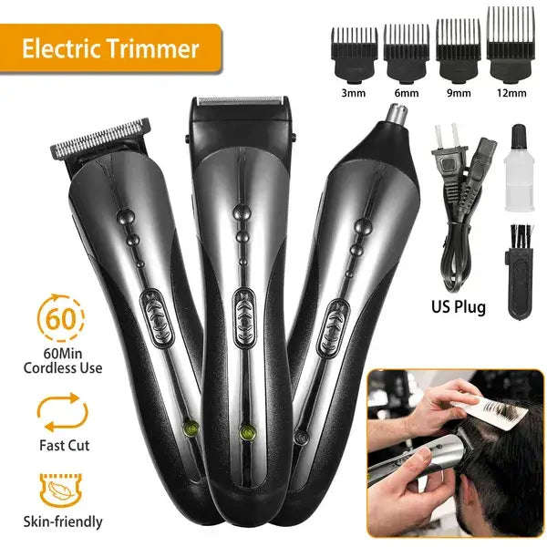 Set für elektrische Haartrimmer „3-in-1“ für Männer, bestehend aus einem elektrischen schwarzen und silbernen Trimmer mit mehreren Kammaufsätzen für vielseitiges Styling der Haare.