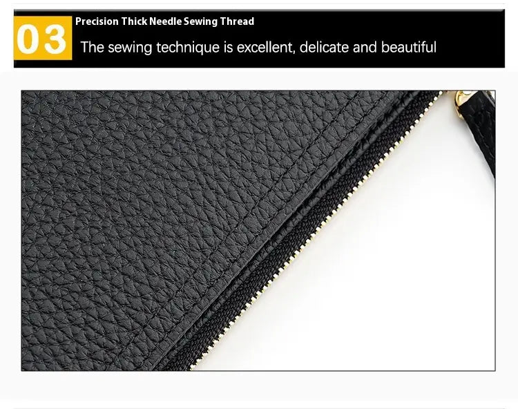Black textured cowhide leather anti theft RFID long zip wallet with gold toned zipper.
