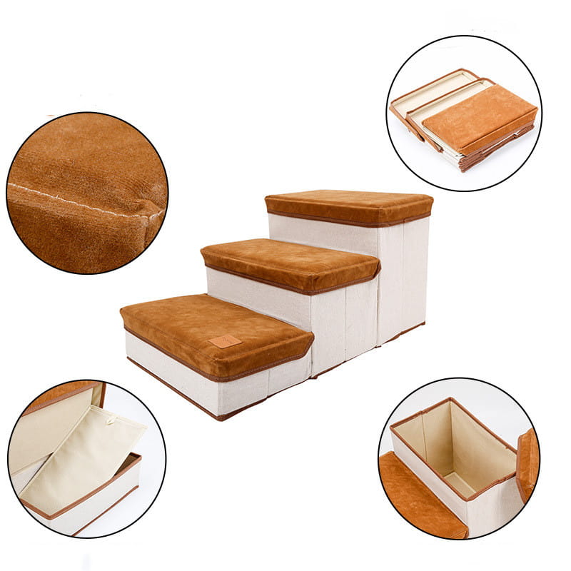 foldable dog stairs with brown suede cover white fabric sides and storage compartments designed for pets supporting up to 25kg capacity