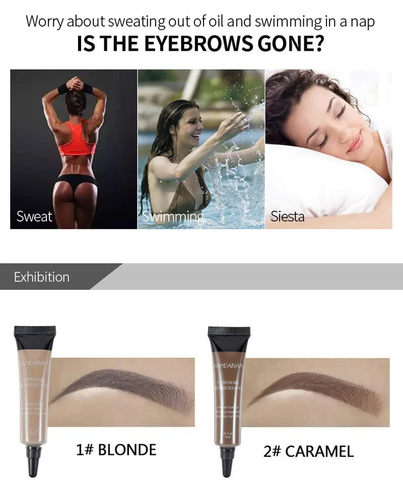 The image shows two tubes of andaravan eyebrow henna gel waterproof liquid tint tattoo kit in shades 1 blonde and 2 caramel with black caps and transparent bodies displaying the colored gel inside.