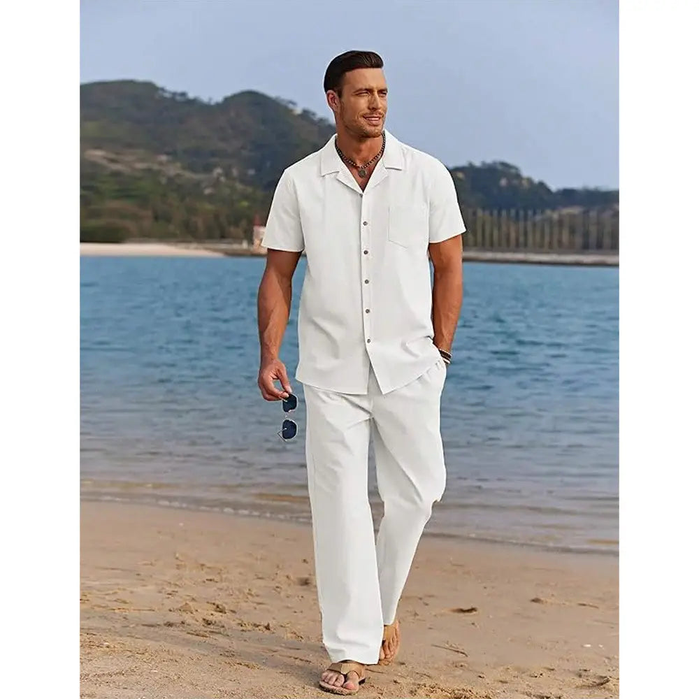 Men short sleeve shirt and trousers set featuring a white short-sleeved button-up shirt with a collar and chest pocket.