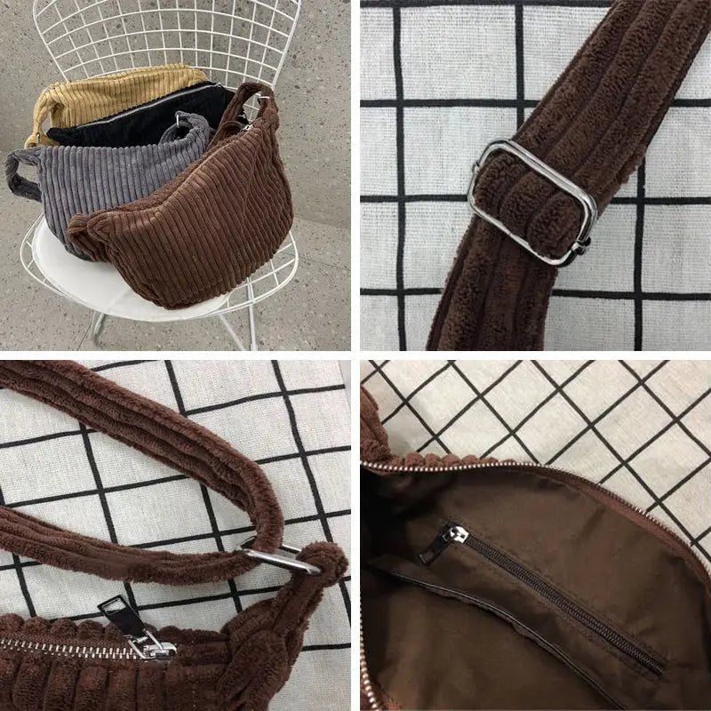 Brown corduroy crossbody shoulder bag with adjustable strap featuring a silver-toned buckle and zipper.