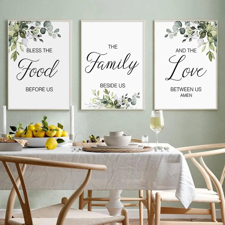 Three framed eucalyptus botanical love and bless wall art prints featuring elegant black cursive text and delicate green leafy watercolor borders.