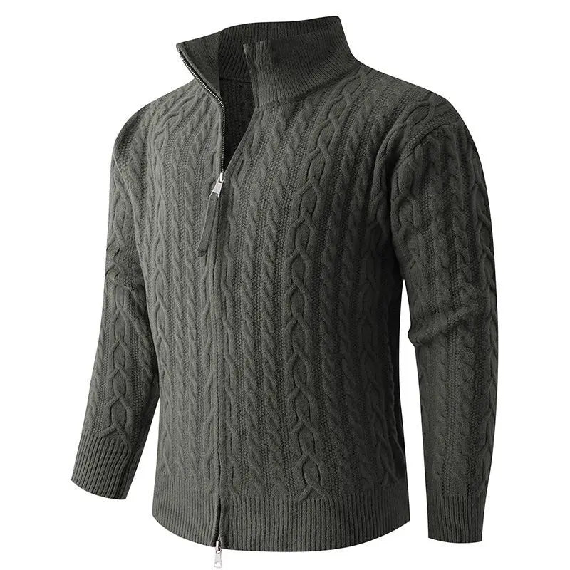 Dark gray thick cable knit men half zip sweater with a high collar and ribbed cuffs.