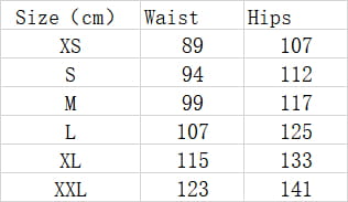 The table displays size measurements for waist and hip dimensions across sizes xs through xxl for women’s distressed denim overalls with adjustable straps.