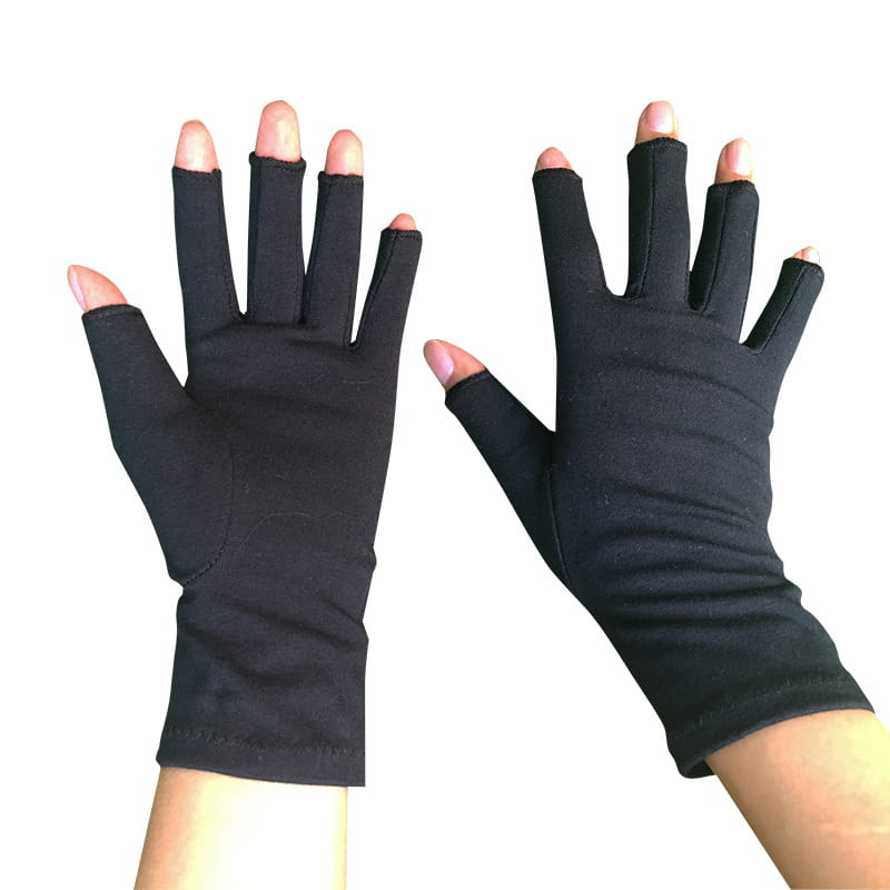Black fingerless arthritis compression gloves made of stretchy fabric designed for comfort and flexibility.