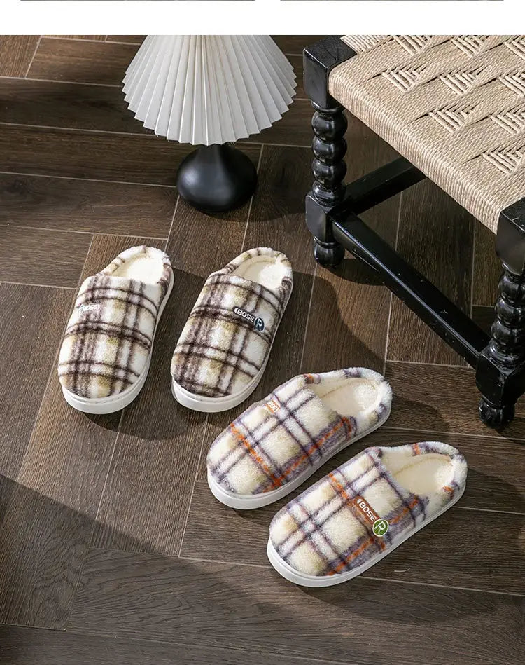 Unisex plaid fleece lined slip-on indoor slippers with soft fleece lining and white rubber non slip soles.