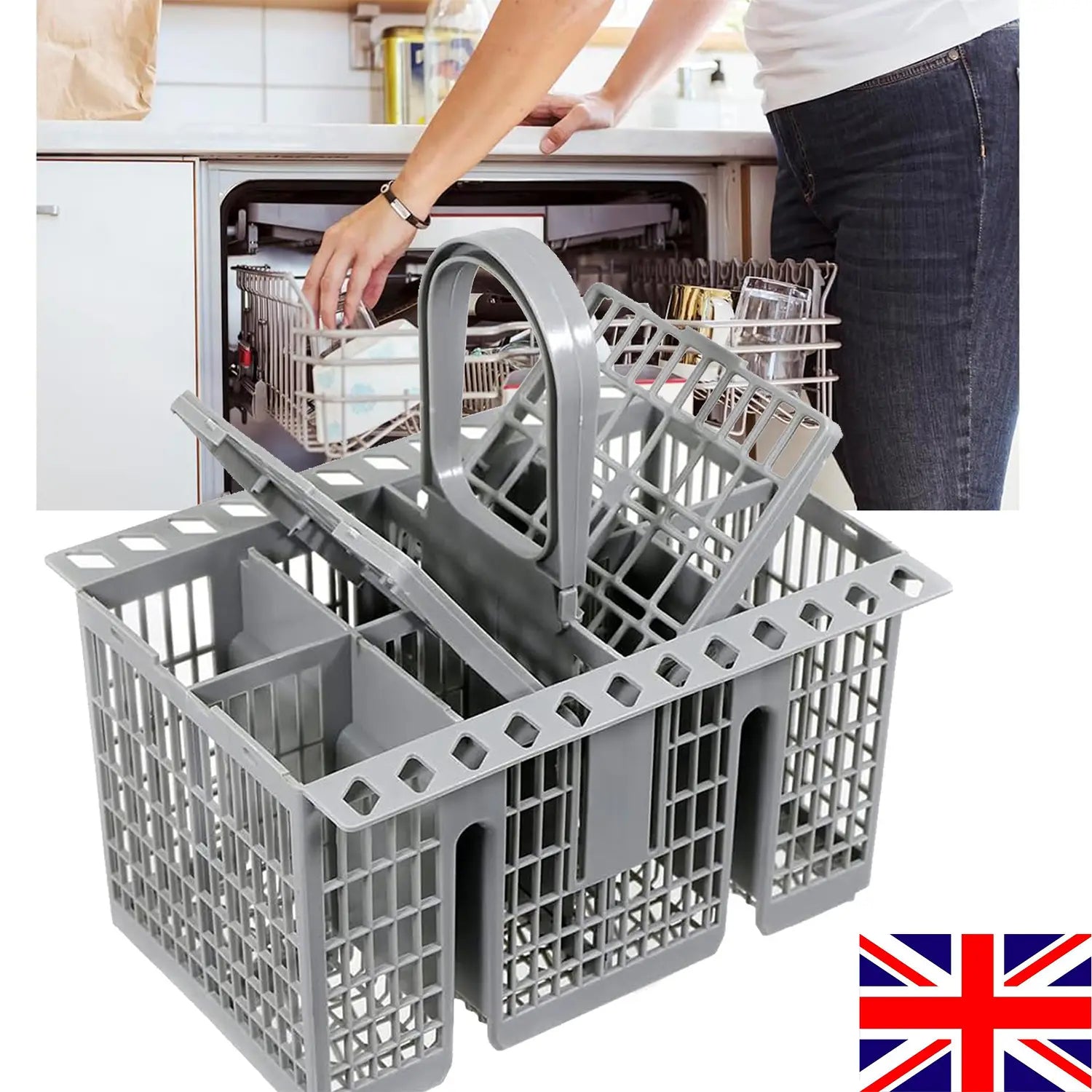 Gray plastic dishwasher cutlery basket for Hotpoint Indesit with handle and multiple compartments for organizing utensils.