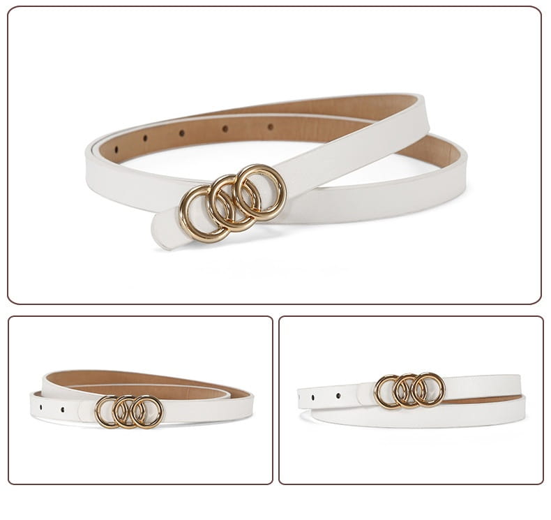 Cinturón de cuero blanco para mujer con hebilla triple anilla de tono dorado.