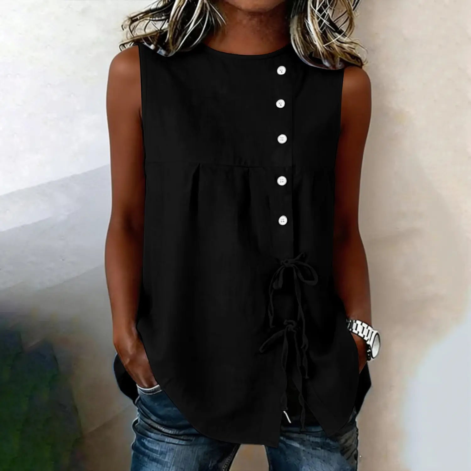 black sleeveless tie side button down blouse featuring white buttons and a drawstring hem ideal for casual wear