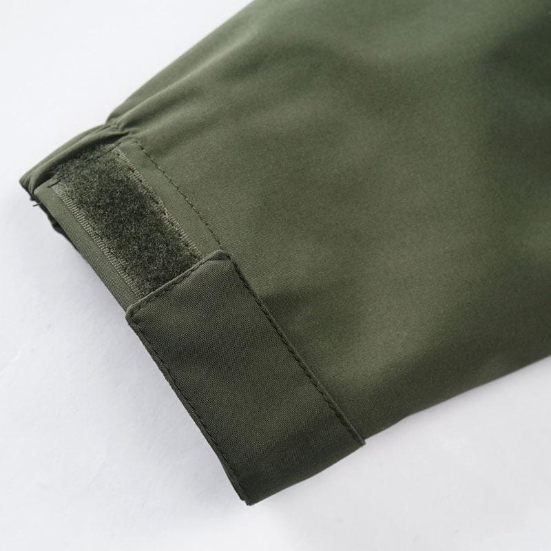 Mens outdoor fleece hooded jacket casual shell coat with an olive green fabric sleeve featuring a velcro tab for an adjustable cuff.