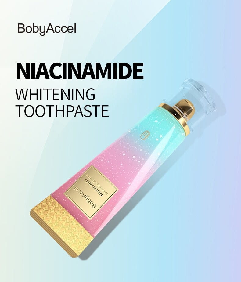 Bobbyaccel niacinamide whitening toothpaste for men and women 100g in a gradient pink and teal tube with gold accents.