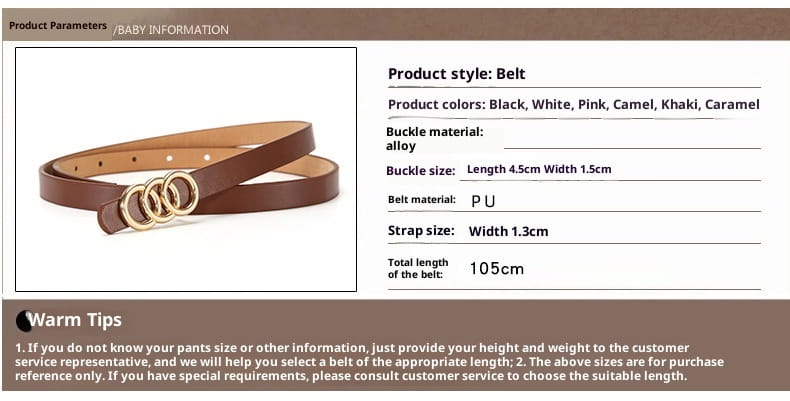 Cinturón de polipiel marrón con hebilla triple anilla de tono dorado para mujer de la colección de cinturones de cuero con triple anilla blanca.