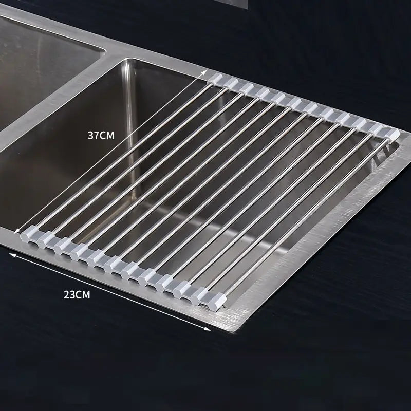 silver stainless steel roll up dish drying rack for sink with sleek modern design and white plastic end caps