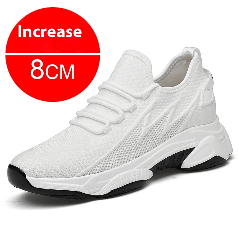 Men’s air cushion running shoes chunky sneakers featuring a white mesh upper with a chunky white and black sole and an elastic lacing system.