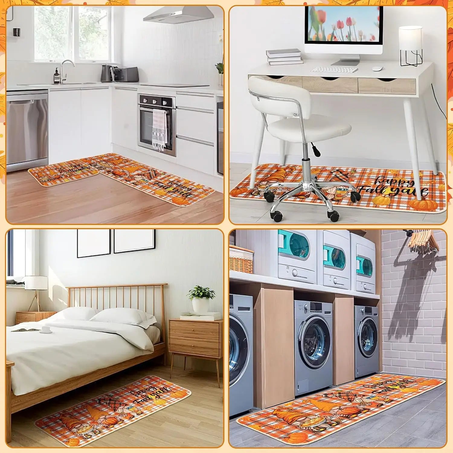 Herbstliche Küchenmatten, 2er-Set: mit einem herbstlichen rechteckigen Teppich mit orange-braunem und weißem Karomuster, Kürbissen sowie dem Text „Happy Fall Y’all“, geeignet für die Verwendung zu Thanksgiving.