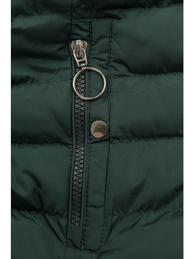Dark green faux fur hooded quilted winter jacket with a silver zipper pull, key ring, and a small metallic button below the zipper.