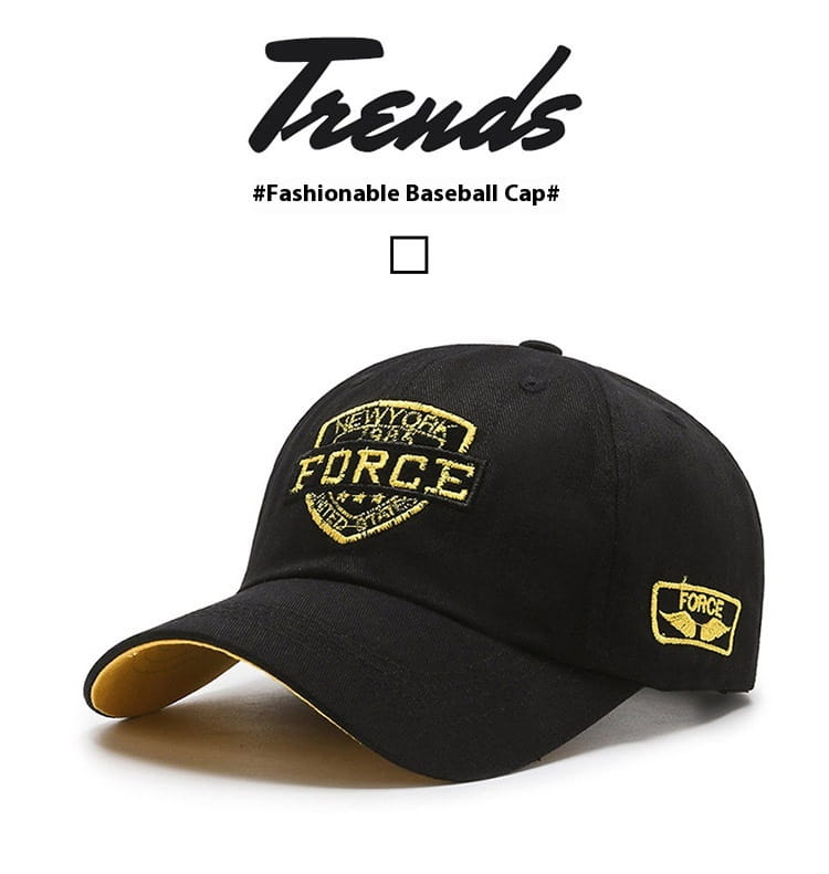 Black baseball cap with gold embroidered New York Force logo and matching side patch featuring a contrasting tan interior lining.