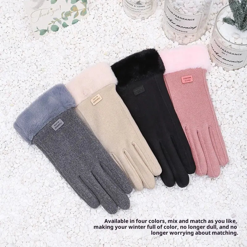 Women’s thermal suede touchscreen gloves in gray beige black and pink with plush faux fur cuffs and brand tags.
