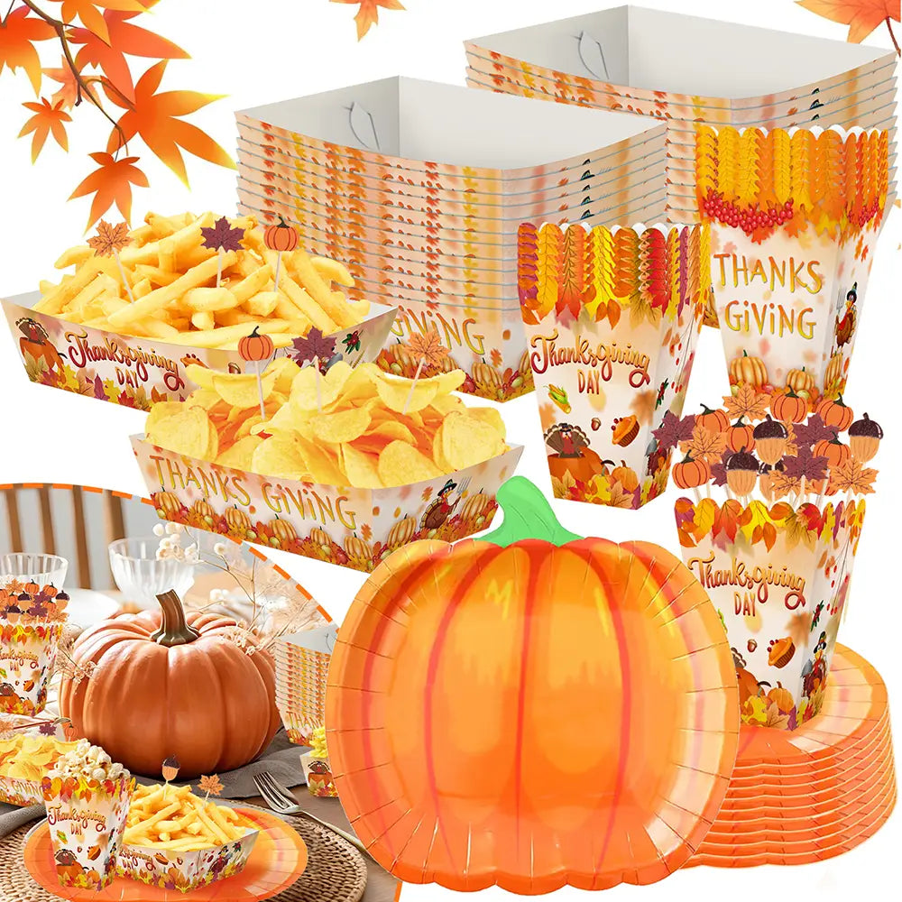 Thanksgiving pumpkin paper plates featuring an orange paper pumpkin design with green stem and ridged texture for seasonal tableware use.