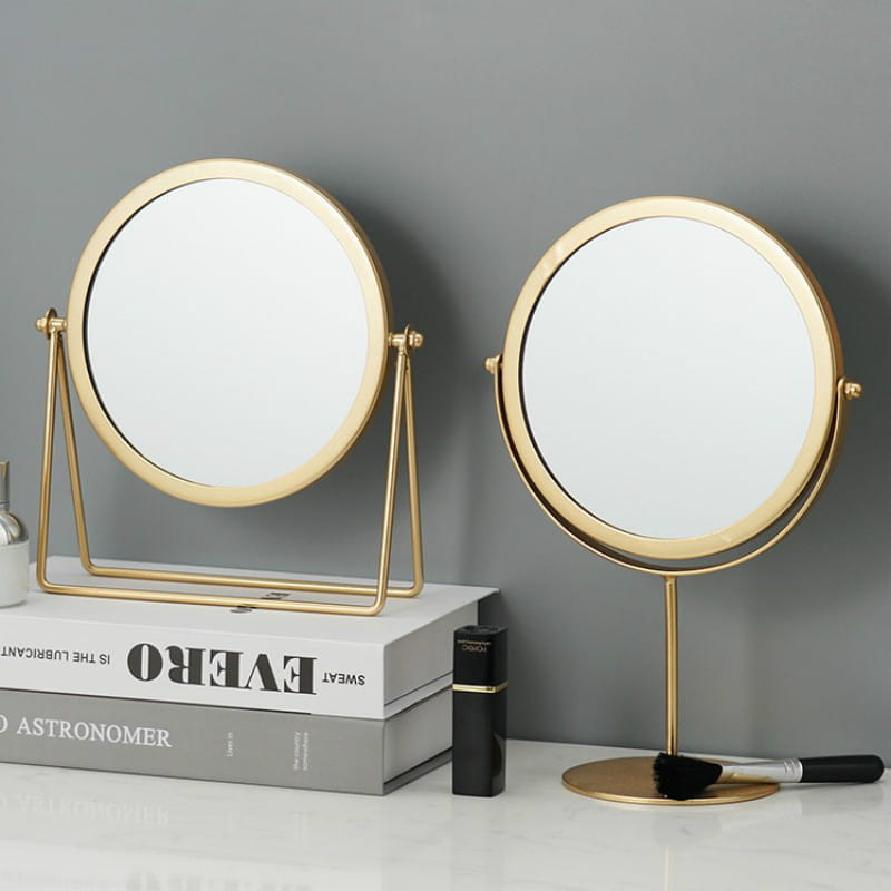 two elegant gold-finished vanity mirror round metal frame makeup desk mirrors with circular glass surfaces featuring one tripod stand and one flat base