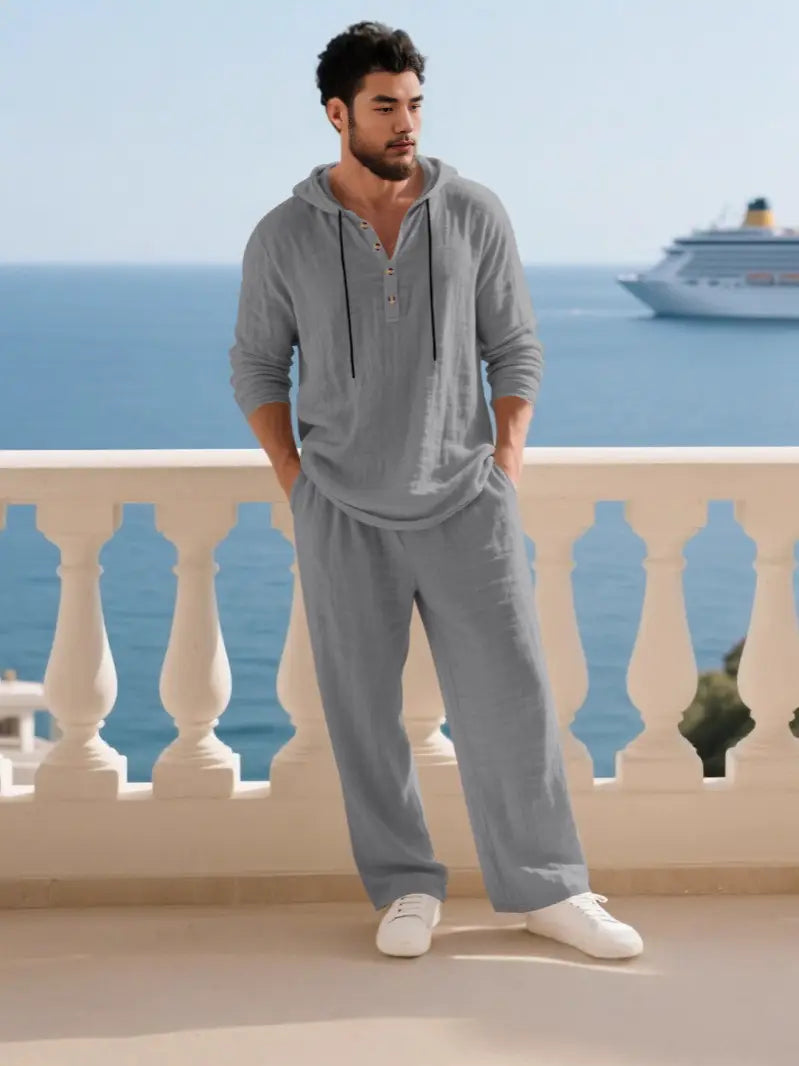 gray hooded sweatshirt with black drawstrings and henley-style front placket made from a cotton blend for men hooded loungewear set.