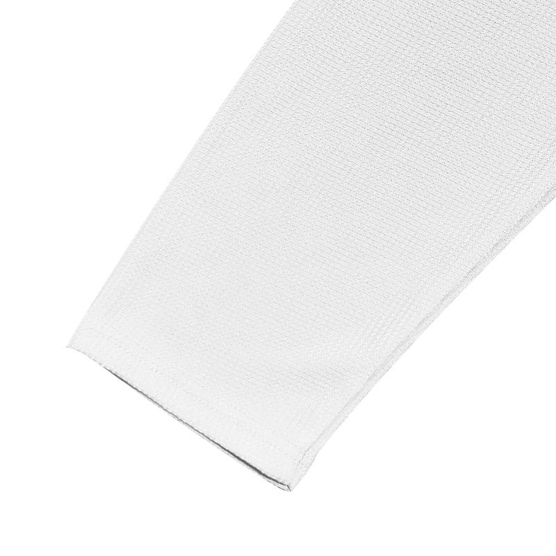 white textured fabric sleeve of men’s long sleeve waffle knit thermal pullover made from thermal knit material