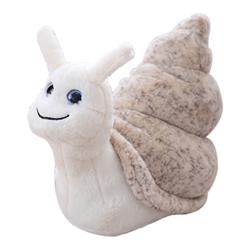 a soft plush snail stuffed animal with a speckled beige shell and embroidered blue eyes designed as a shell doll