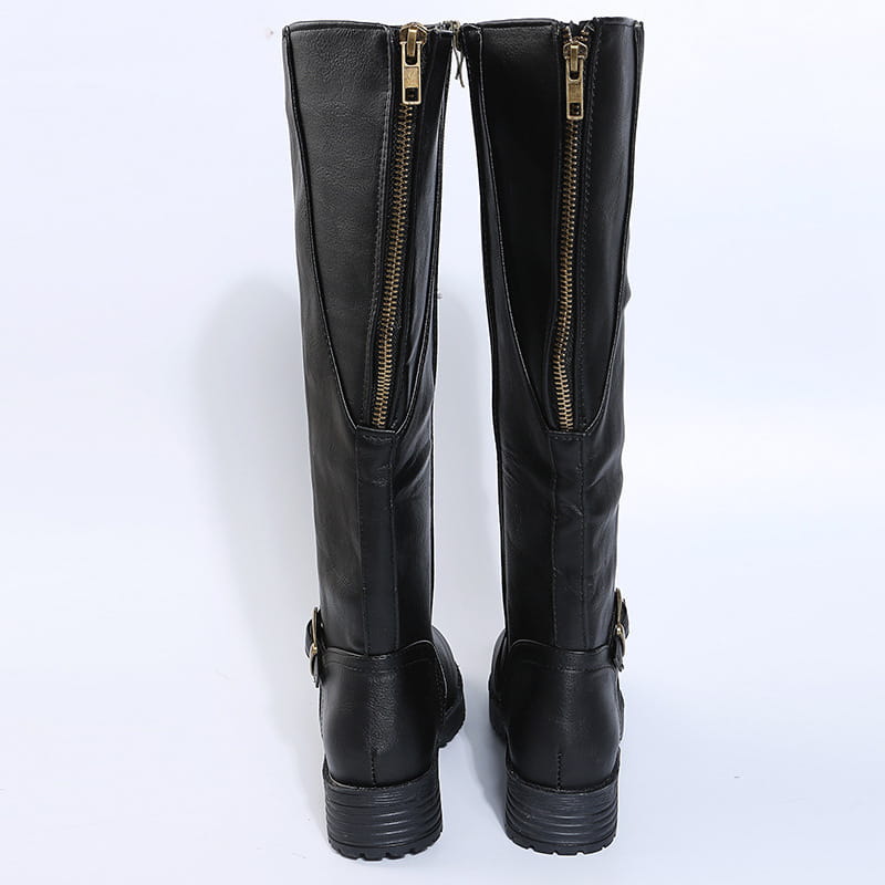 Black leather knee high knight boots with gold zippers and buckle strap details.