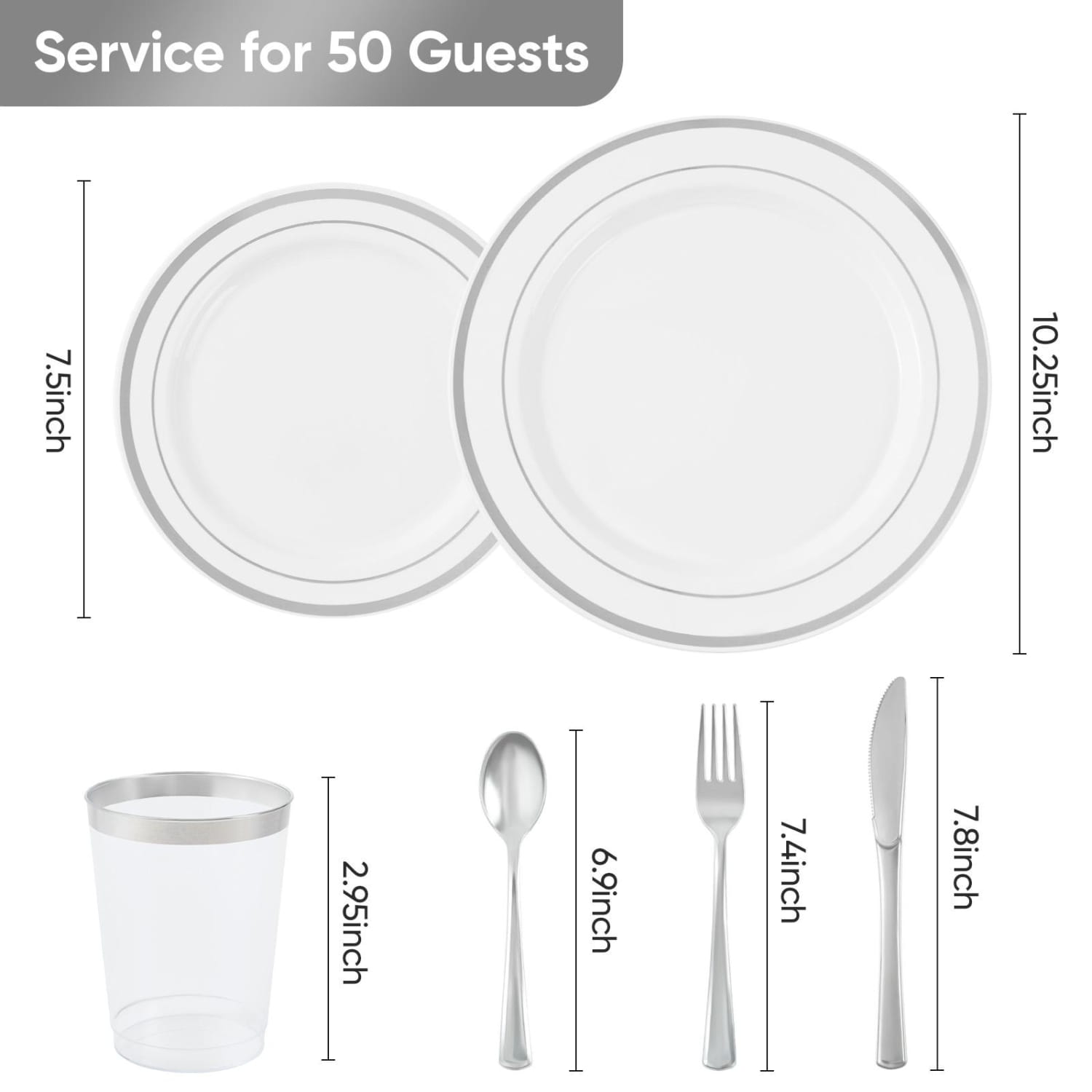 Clear plastic plates with a gold rim measuring 7.5 inches and 10.25 inches in diameter from a plastic tableware set for 50 guests.