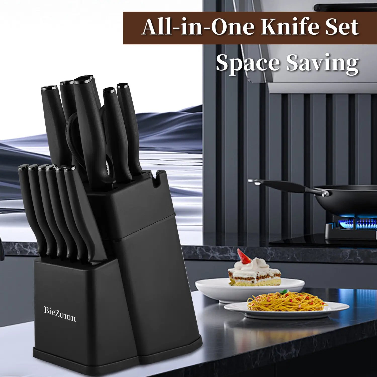 Black biezumn all-in-one stainless steel knife set with sleek space-saving design in a 15 piece chef block set.