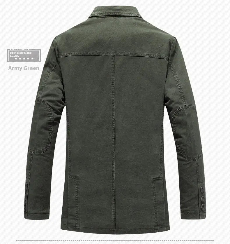 Herren-Übergrößen-Baumwoll-Freizeitblazer in Armeegrün Denim mit verstärkten Ellenbogen-Patches und geknöpften Abschlüssen.