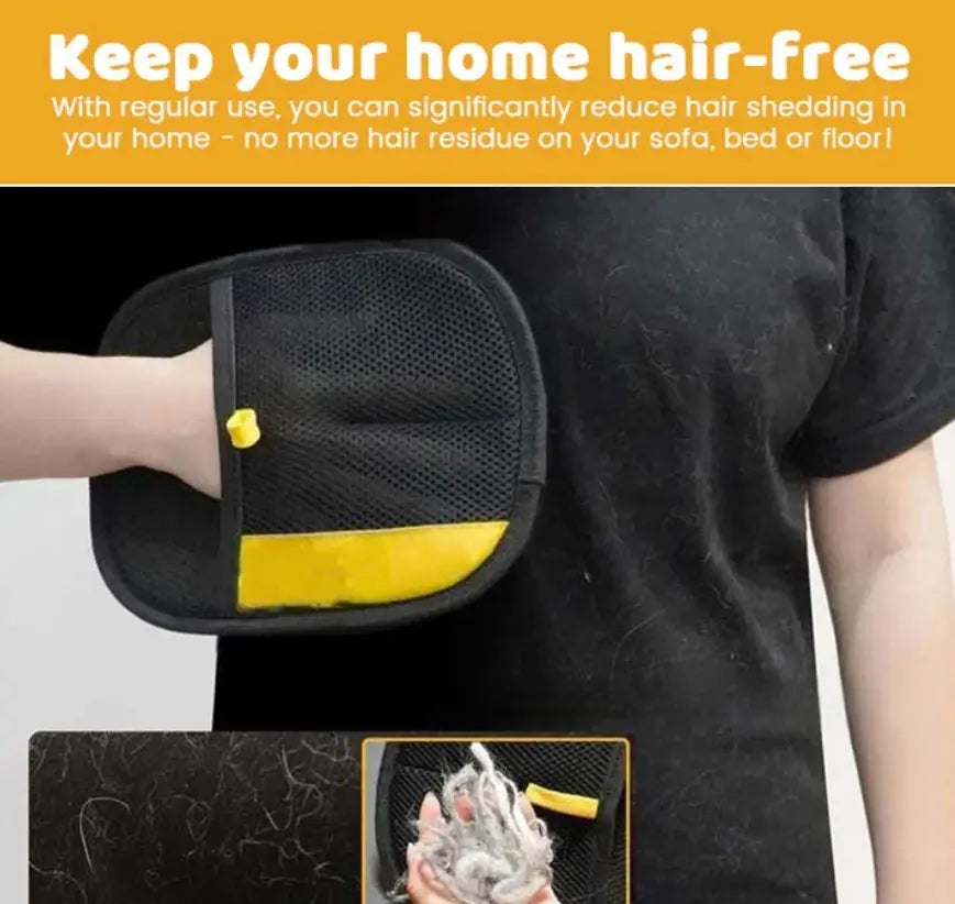 black and yellow mesh cat hair removal grooming mitt with a reinforced edge designed for effective pet and human fur removal