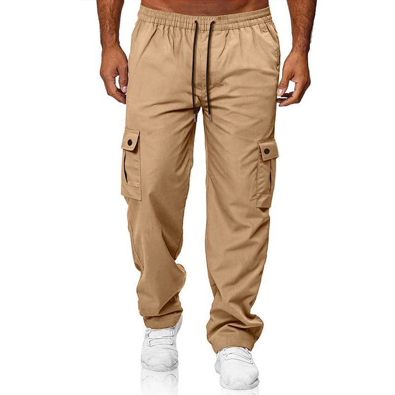 Beige mens straight leg cargo work pants with side pockets and black drawstring waistband.