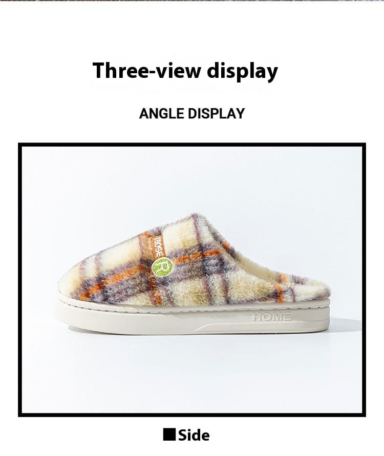 Unisex plaid fleece lined non slip indoor slippers with a soft fuzzy texture and a cozy beige orange and gray plaid pattern.
