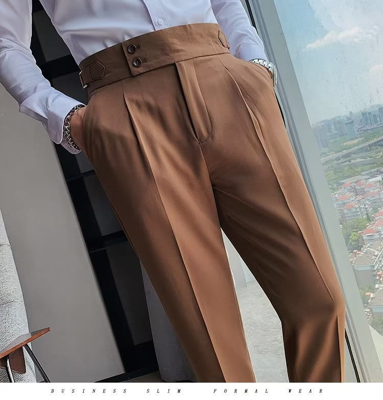 Brown pleated slim-fit high waist business trousers with double-button belt loop detail in Korean style slim fit men trousers.