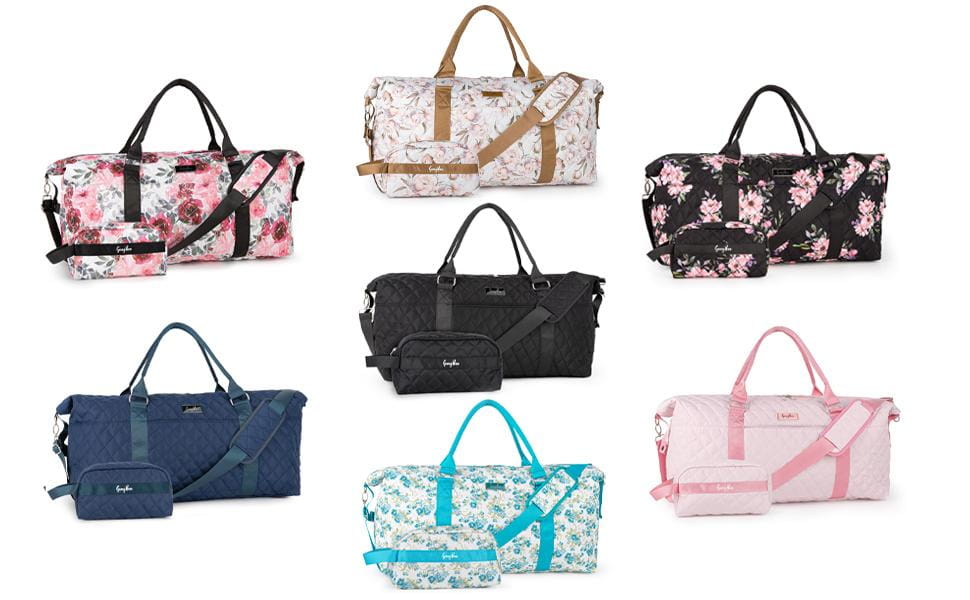 des sacs de voyage pour femmes à fleurs avec des trousses de toilette en rose, noir, bleu marine et vert-bleu, présentant un motif floral, idéal pour des déplacements organisés.